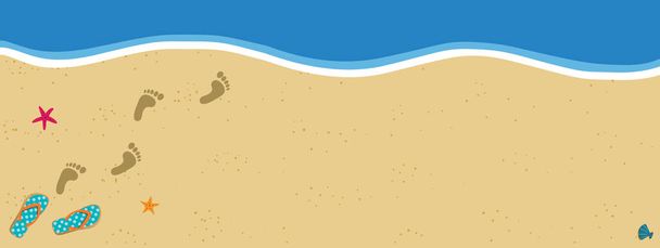 Summer vacation vector banner border frame with pair of flip flops and human barefoot foot prints on sand going into water. Sandy sea beach with footprints and shells template with copy space. - Vetor, Imagem