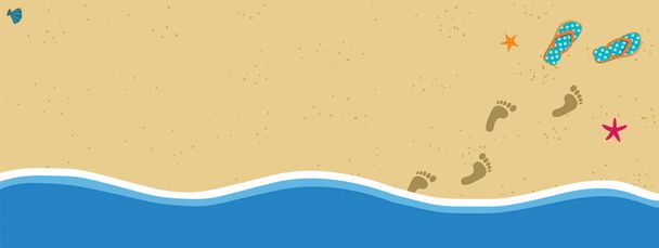 Летние каникулы векторный баннер рамка с парой шлепанцев и человеческими следами босых ног на песке выходит из воды. Песчаный берег моря с отпечатками ног и раковинами шаблон с местом для текста
. - Вектор,изображение
