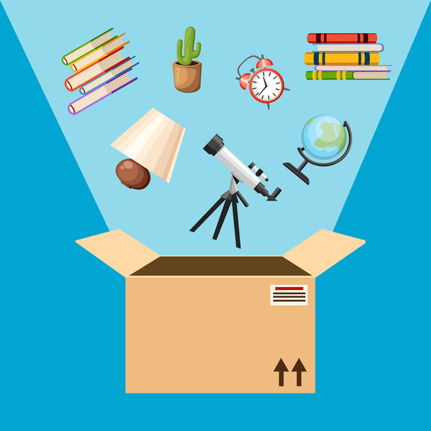Empty cardboard box. Opened cardboard box with falling objects. Delivery concept. Vector illustration on blue background. - Vector, Image