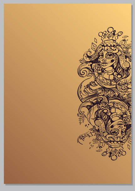 Королева, шаблон со сказочными персонажами для создания плакатов, обложек, брошюр на коричневом фоне
 - Вектор,изображение
