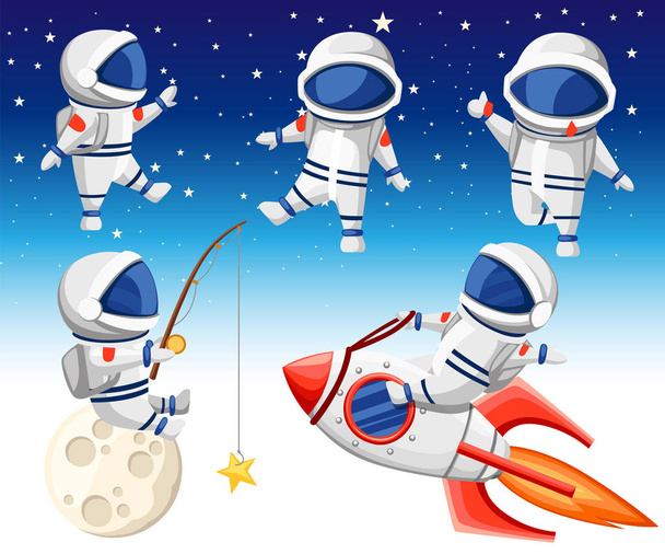 Cute astronaut collection. Astronaut sits on rocket, astronaut sits on moon and fishing and three dancing astronauts. Cartoon design style. Flat vector illustration on sky background. - Vector, Image