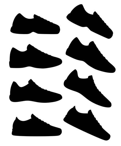 Чорний силует. Взуття для кросівок. Спортивні кросівки Векторні ілюстрації, фітнес спорт. Модний спортивний одяг, щоденні кросівки. Векторні ілюстрації ізольовані на білому тлі
. - Вектор, зображення