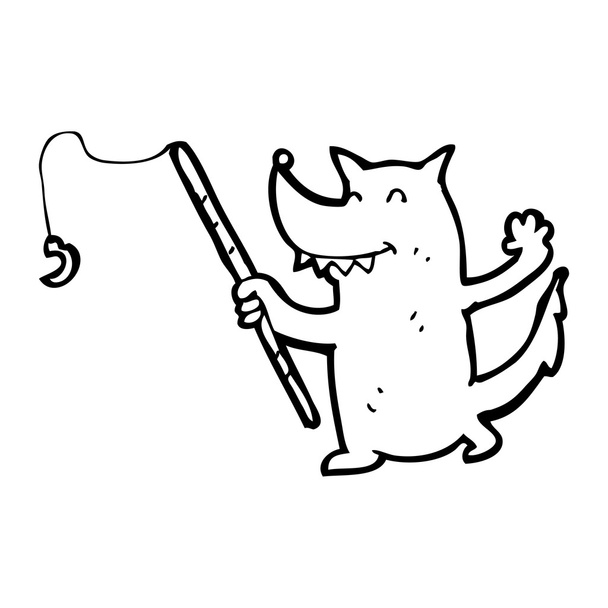 Lobo con caña de pescar dibujos animados
 - Vector, imagen