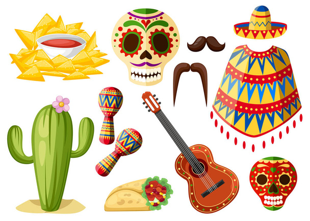 Mexico colorful symbols. Mexican vector icons set. Latin traditional ethnicity symbols. Cartoon style design. Vector illustration isolated on white background. - Vetor, Imagem