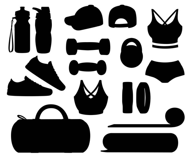 Black silhouette. Set of sports accessories and clothes. Women outfits. Icons for classes in the gym. Vector illustration isolated on white background. - Vector, Image