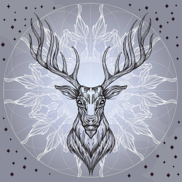 Deer head with decorative ornament of leaves - Vector, Imagen