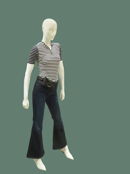 Full-length female mannequin dressed in casual clothes over green background. No brand names or copyright objects. - Photo, Image