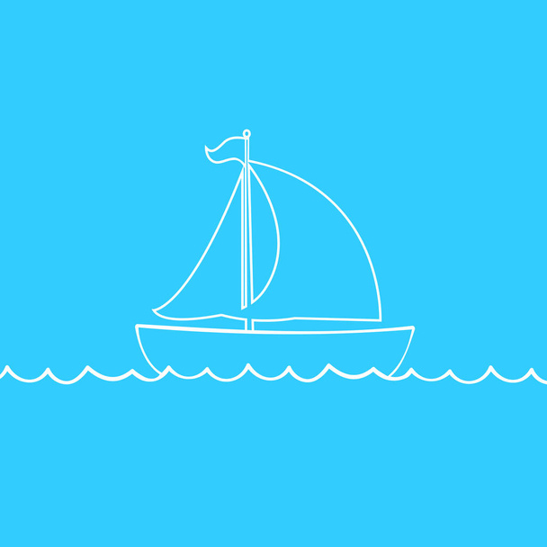 Vector white contour outline silhouette illustration of sailing ship transportation floating on sea waves. Yacht boat icon isolated on blue background. - Vector, Image