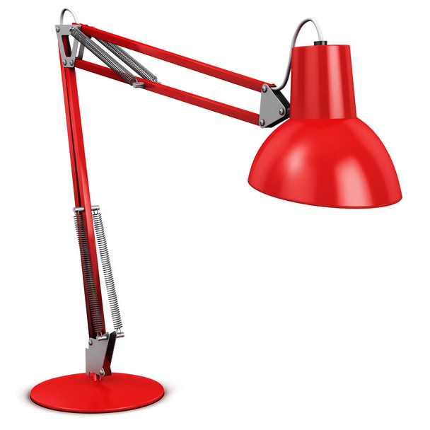 Creative abstract 3D render illustration of red shiny metal steel home desk or office table desktop electric lamp light isolated on white background - Foto, afbeelding