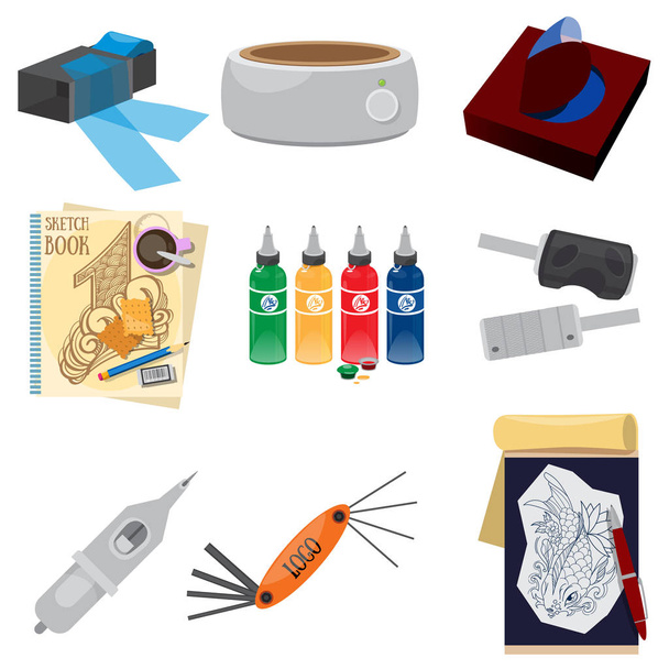 Una serie di strumenti per tatuaggi. Un set di icone per la progettazione di prodotti e prodotti promozionali
. - Vettoriali, immagini