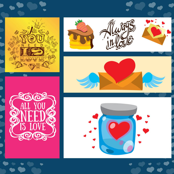 Una serie di carte, stendardi e depliant per decorazione di regali durante il Giorno di San Valentino
. - Vettoriali, immagini