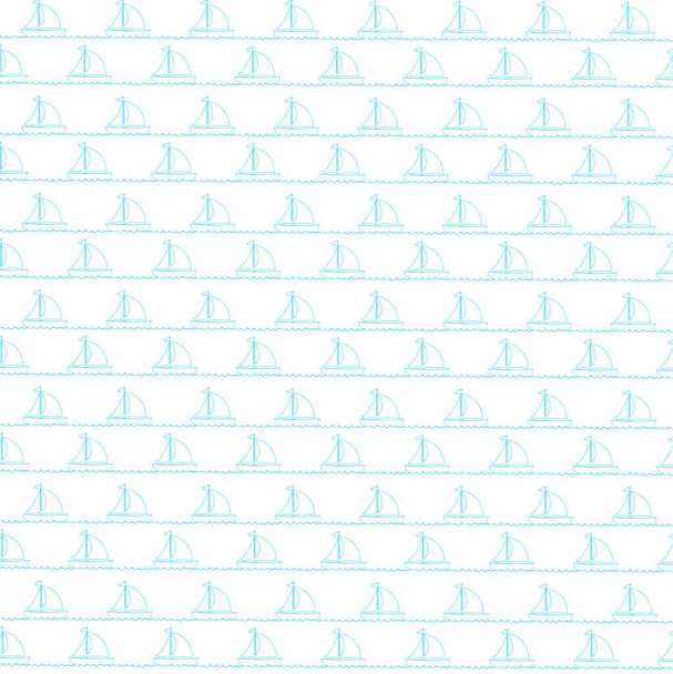 Seamless sea pattern with blue sailing ships on white background. Nautical baby wallpaper pattern with contour boats on ocean waves. Vector illustration, yacht print for wrapping paper or fabric. - Vector, Image