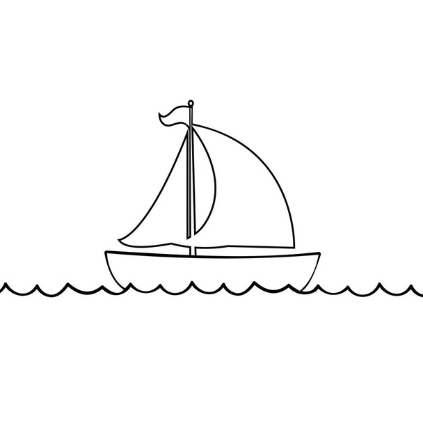 Vector black contour outline silhouette illustration of sailing ship transportation floating on sea waves. Yacht boat icon isolated on white background. - Διάνυσμα, εικόνα