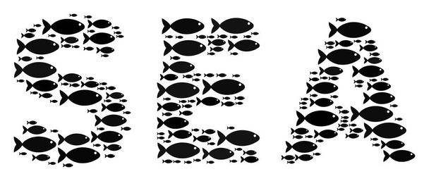 Θάλασσα κείμενο κολάζ από εικονίδια ψαριού - Διάνυσμα, εικόνα