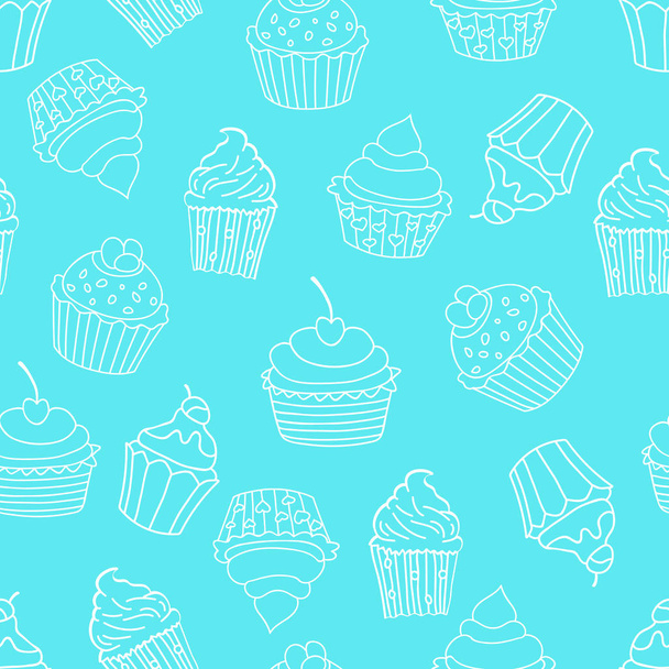 Seamless pattern with cupcakes on blue background. Sweet pattern. Vector illustration. - Vector, Imagen