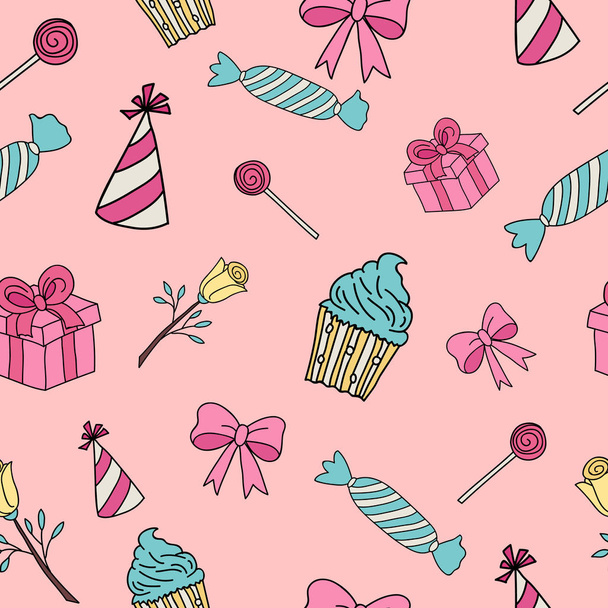 Gifts and sweets isolated on pink, Seamless background - Vector, afbeelding