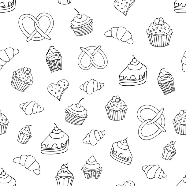 Seamless pattern with sweets, pies, cupcakes, ice cream and bakery products Vector illustration. - Vektör, Görsel