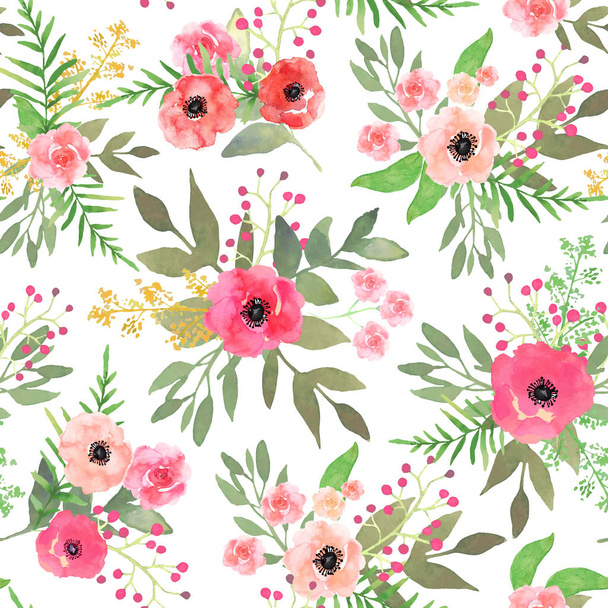 Watercolor floral seamless pattern with colorful hand drawn pink - Vector, imagen