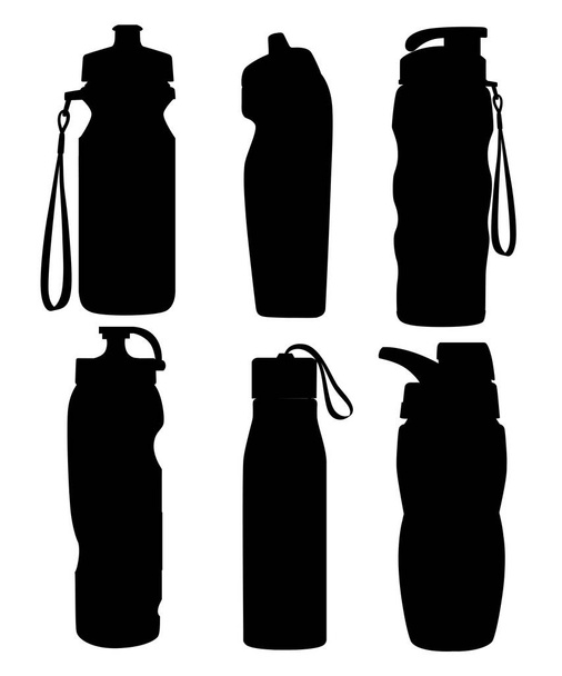 Black silhouette. Collection of sport bottles. Bicycle plastic bottle. Outdoor activities. Different forms of water containers. Vector illustration isolated on white background. - Vector, Image