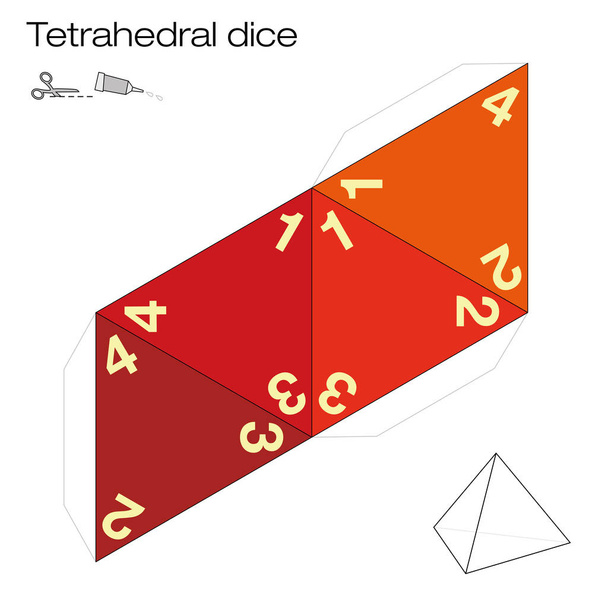 Tetraeder-Vorlage, vierseitige Tetraeder-Würfel - einer der fünf platonischen Körper - machen einen 3D-Gegenstand mit aus dem Netz und spielen Würfel. Abbildung auf weißem Hintergrund. - Vektor, Bild