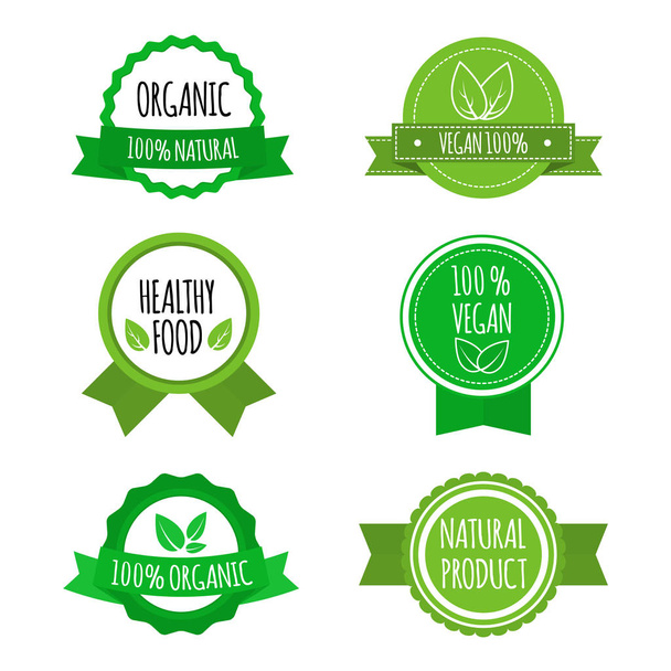 Set of vegan badges, icons, labels. Organic, healthy food logos for cafe restaurants products packaging. Vector illustration. - Vektör, Görsel