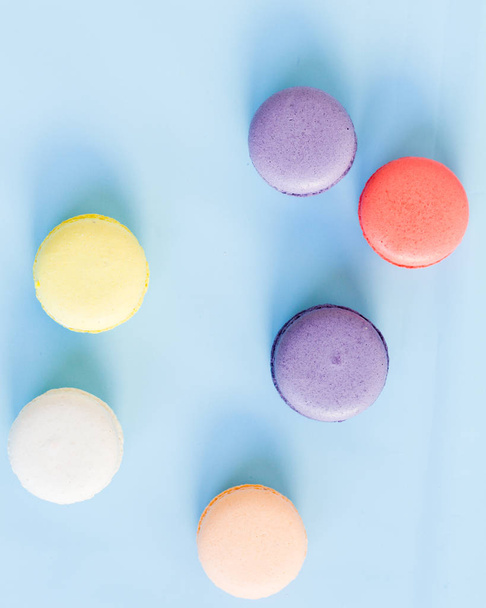 close-up photo of Colorful macaroons on blue background - Foto, immagini