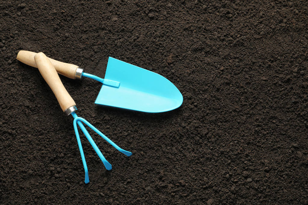 Rake and trowel on soil, top view. Professional gardening tools - Valokuva, kuva