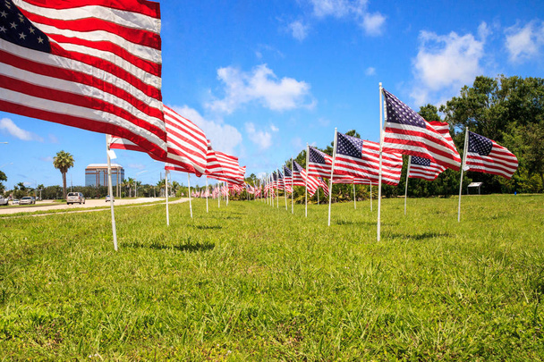 Patriotic display of multiple large American flags wave in the wind during the holiday. - Photo, Image