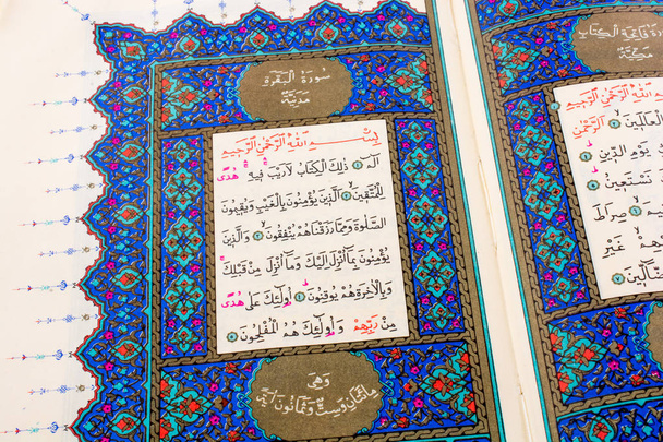 Mano sosteniendo El Sagrado Corán sobre un fondo blanco - Foto, Imagen