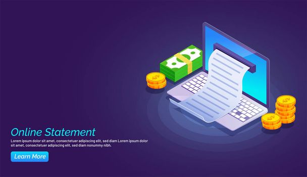 Landing page design, online statement generation by a laptop and stack of coins and notes.  - Vector, Image