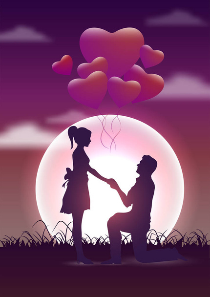 Young boy proposing to girl and heart shaped balloons in full moon night background, Invitation template design. - Vector, afbeelding