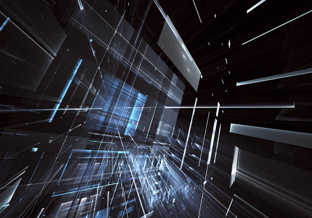Résumé de l'arrière-plan technologique futur image 3D générée par ordinateur. Art fractal : salle de verre ou rue de ville surréaliste avec des effets de lumière. Concept Hi-tech ou réalité virtuelle
. - Photo, image