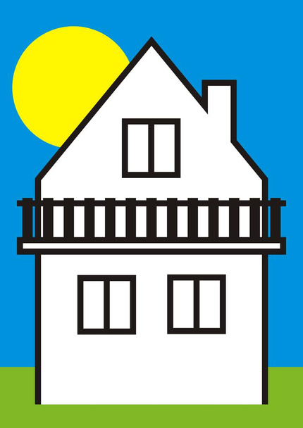 Haus und Balkon, Vektorsymbol, weißes Häuschen und schwarze Kontur, im Hintergrund Himmel mit Sonne - Vektor, Bild