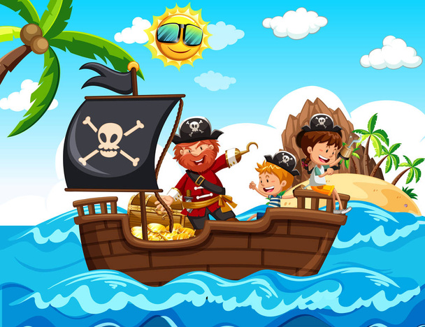 Pirata y niños en el barco ilustración
 - Vector, imagen
