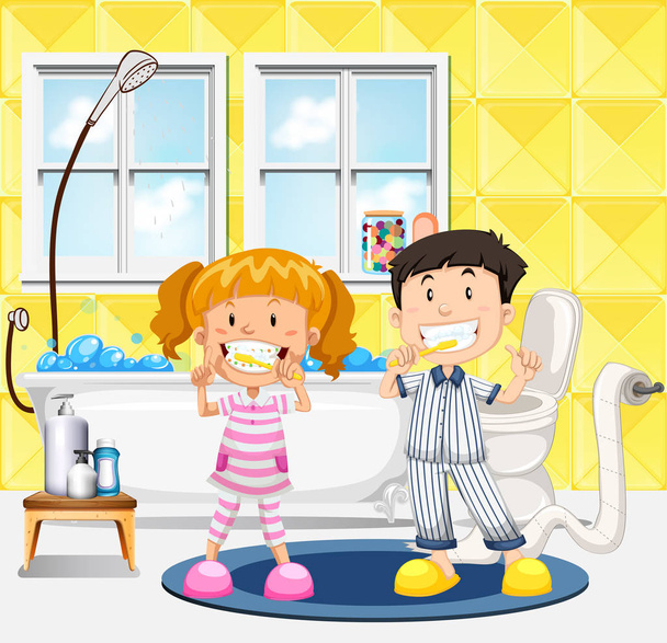 Bambini piccoli lavarsi i denti scena illustrazione
 - Vettoriali, immagini