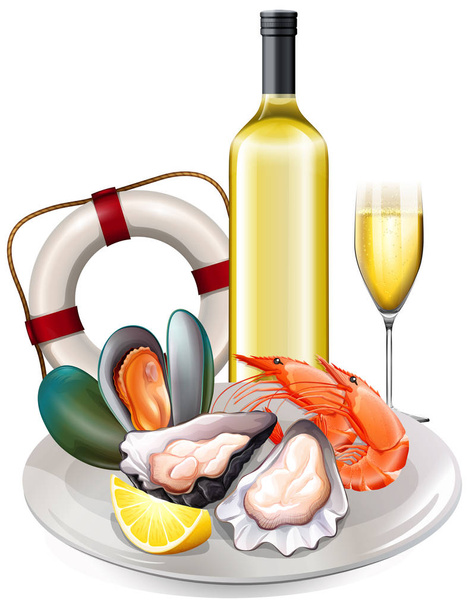 白ワインのイラストと魚介類の食事 - ベクター画像