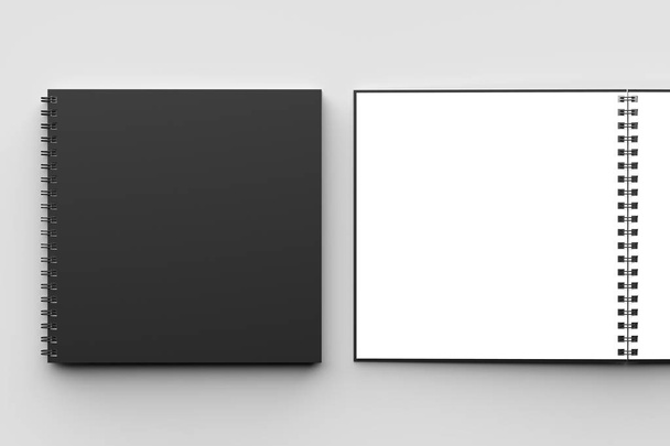 Carpeta espiral cuaderno cuadrado maqueta con cubierta negra aislada sobre fondo gris suave. Ilustración 3D
 - Foto, imagen