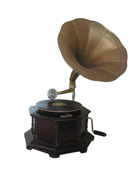 Vintage old gramophone record player isolated over white background - Photo, Image