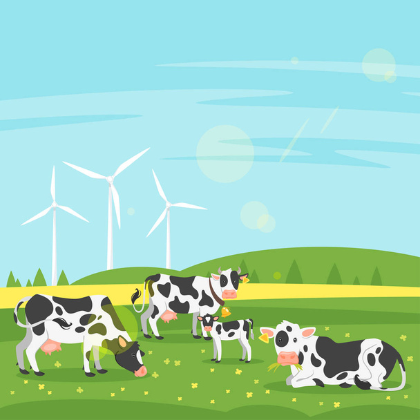 cows graze in a field  - Vector, Image