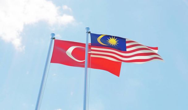 Malaysia and Turkey, two flags waving against blue sky. 3d image - Foto, afbeelding