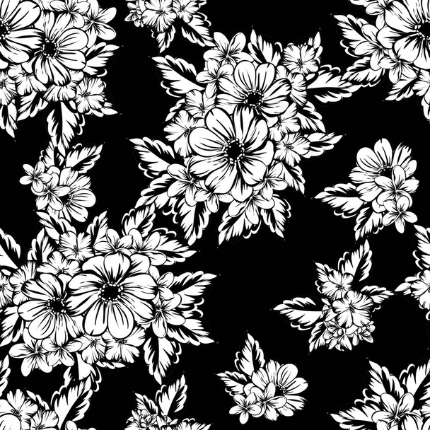 Seamless vintage style flower pattern. Floral elements in contour - Wektor, obraz