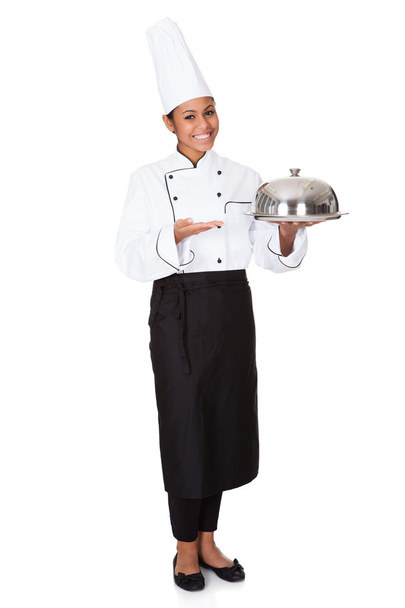 Female Chef With Tray Of Food In Hand - Valokuva, kuva