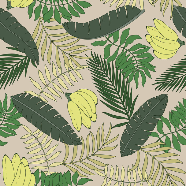 Tropical background with palm leaves and bananas. Seamless floral pattern. Summer vector illustration - Vector, Image
