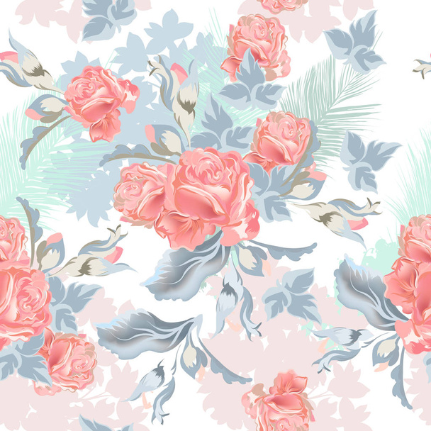 Beautiful tropical vintage  pattern with pink rose flowers and palm leafs - Wektor, obraz