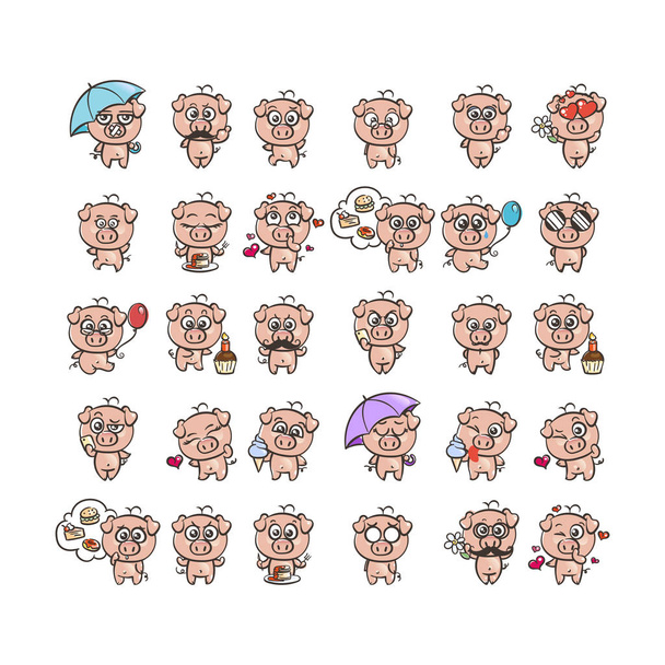 Збірка найрідкісніших іконок свинячих персонажів з різними емоціями. Векторна ілюстрація на Новий 2019 рік
. - Вектор, зображення