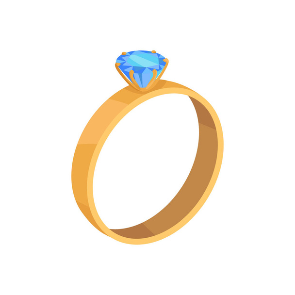 Golden wedding ring with blue diamond vector icon - Вектор,изображение