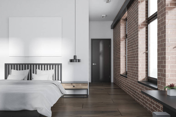 Modern bedroom interior with white and brick walls, a wooden floor and a double bed. A horizontal poster. 3d rendering mock up - Fotoğraf, Görsel