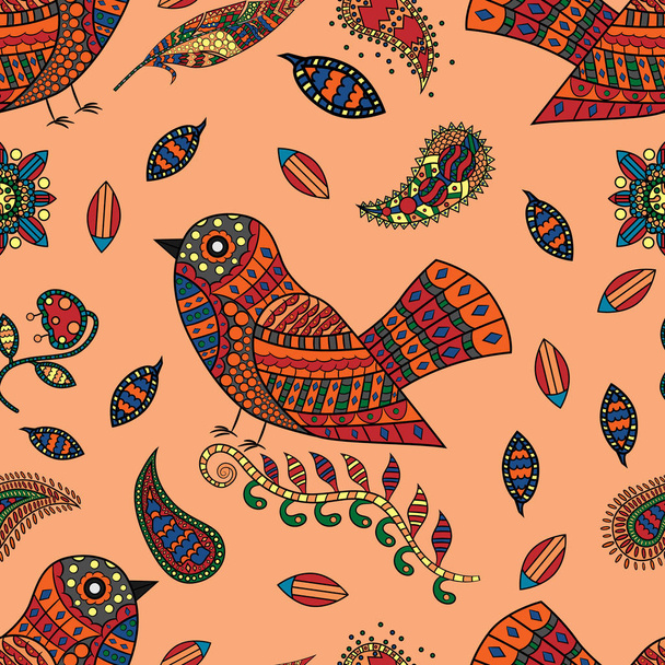 vector seamless pattern illustration of animal and plant ornament of birds and plants, in the style of Gzhel, Khokhloma, the background is isolated - ベクター画像