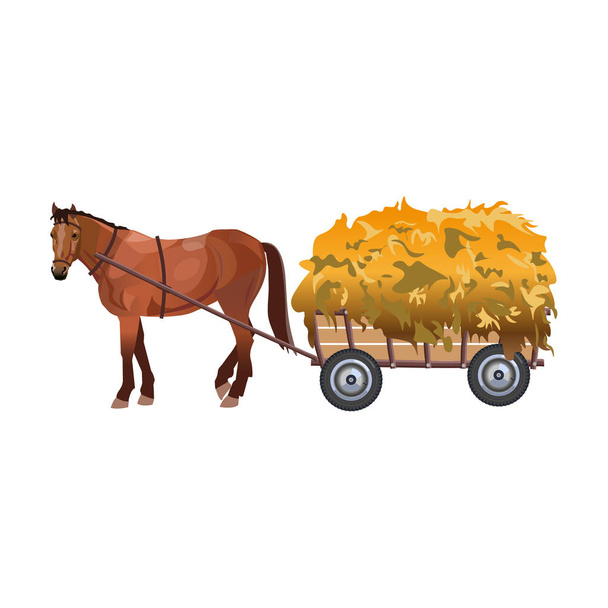 Cavalo com carrinho cheio de feno. Ilustração vetorial isolada sobre fundo branco
 - Vetor, Imagem