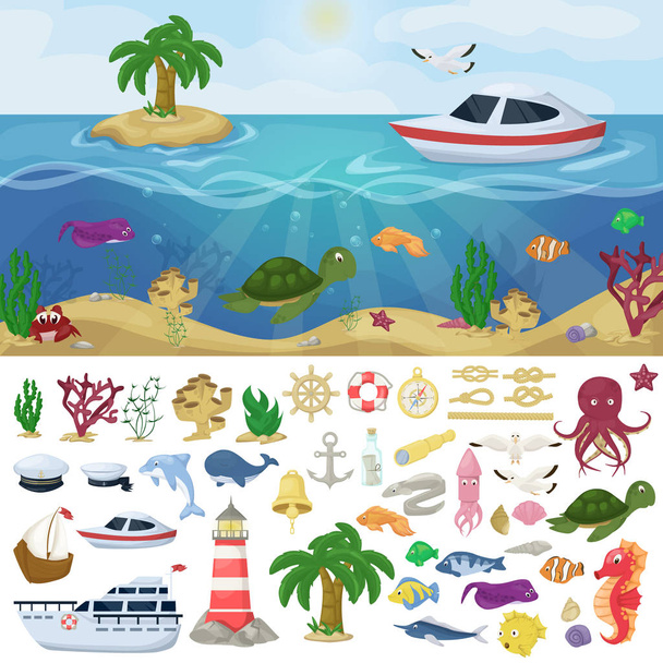 Nautische Marine boten mariene Oceaan Zee dieren water planten oceaan vis cartoon vectorillustratie - Vector, afbeelding